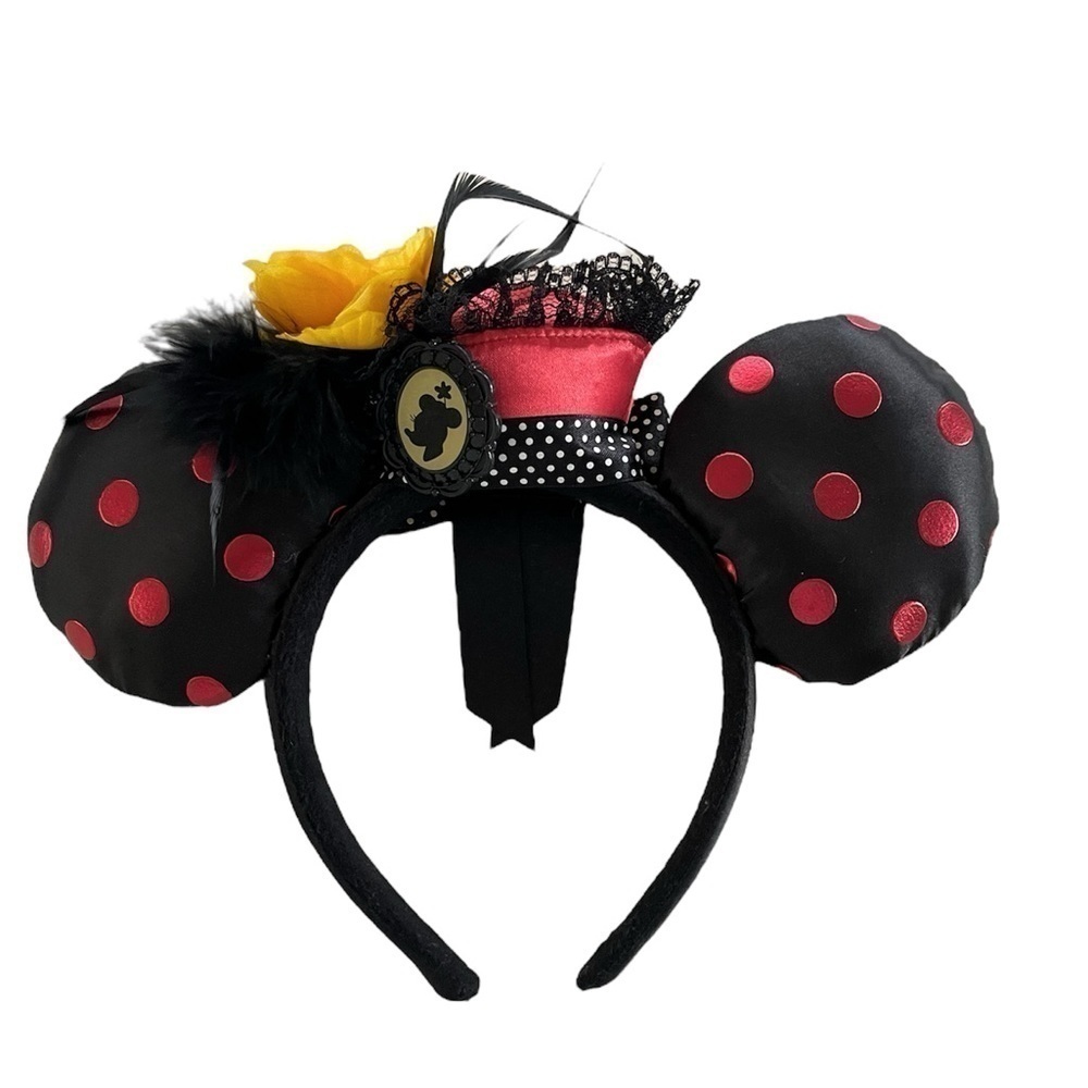 DISNEY Mickey Minnie Mouse Ears Feather Hat  cameo. Red Polka dots black